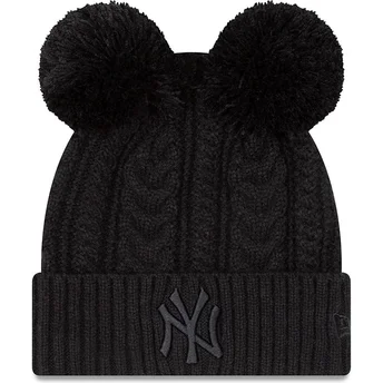 New Era Women Black Logo Cuff Double New York Yankees MLB Black Beanie with Pompom