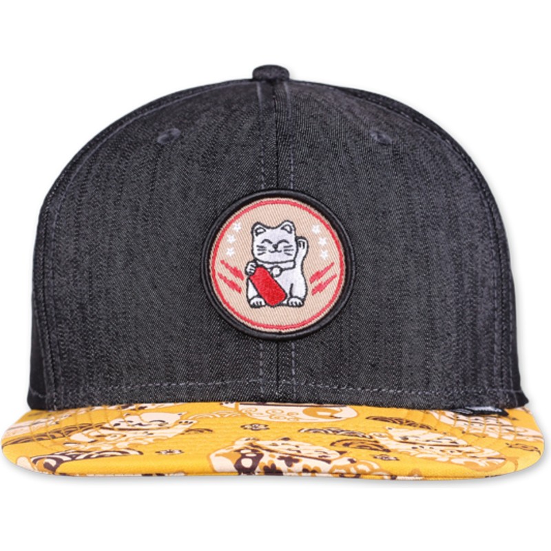 djinns-flat-brim-lucky-cat-linen-rev-black-and-yellow-snapback-cap