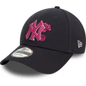 new-era-curved-brim-pink-logo-9forty-flower-icon-new-york-yankees-mlb-navy-blue-adjustable-cap