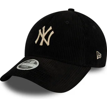 New Era Curved Brim Women 9FORTY Cord New York Yankees MLB Black Adjustable Cap with Beige Logo