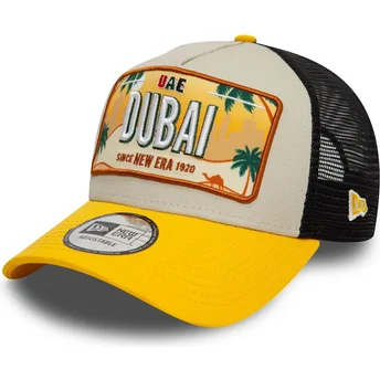 New Era 9FORTY A Frame License Plate Cities and Beaches Dubai Beige and Yellow Trucker Hat