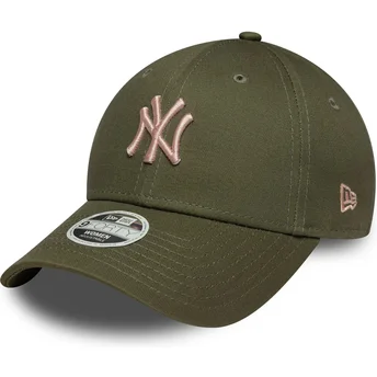 New Era Curved Brim Women Pink Logo 9FORTY League Essential Midi New York Yankees MLB Green Adjustable Cap
