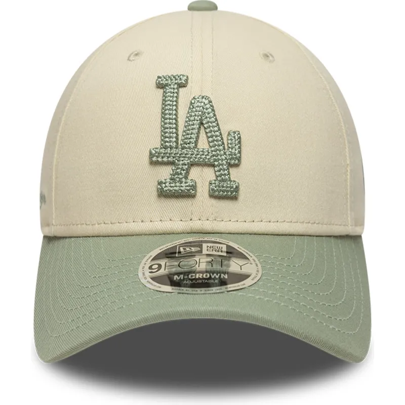 new-era-curved-brim-green-logo-9forty-m-crown-side-script-los-angeles-dodgers-mlb-beige-and-green-snapback-cap
