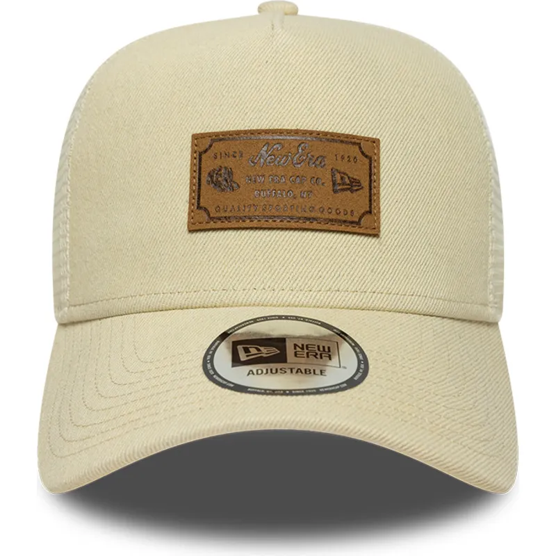 new-era-a-frame-denim-leather-patch-beige-trucker-hat