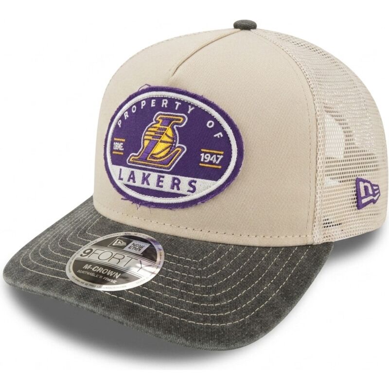 gorra-trucker-beige-y-gris-9forty-m-crown-a-frame-fray-de-los-angeles-lakers-nba-de-new-era