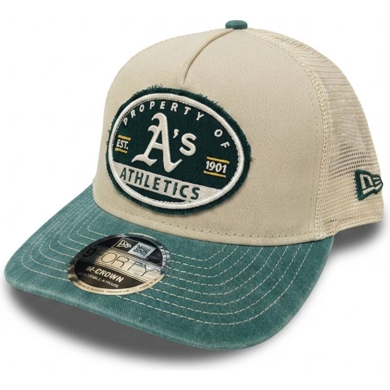 gorra-trucker-beige-y-verde-9forty-m-crown-a-frame-fray-de-oakland-athletics-mlb-de-new-era gorra-trucker-beige-y-verde-9forty-m-crown-a-frame-fray-de-oakland-athletics-mlb-de-new-era